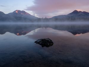 Preview wallpaper lake, stone, fog, mountains, reflection, landscape