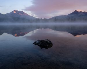 Preview wallpaper lake, stone, fog, mountains, reflection, landscape