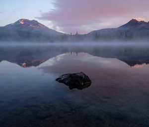 Preview wallpaper lake, stone, fog, mountains, reflection, landscape