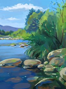 Preview wallpaper lake, stones, branches, art