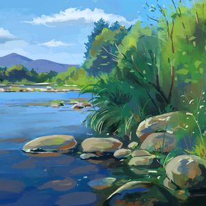 Preview wallpaper lake, stones, branches, art