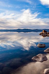 Preview wallpaper lake, stones, day, water, transparent, blue sky, reflection