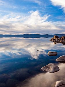 Preview wallpaper lake, stones, day, water, transparent, blue sky, reflection