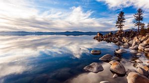 Preview wallpaper lake, stones, day, water, transparent, blue sky, reflection