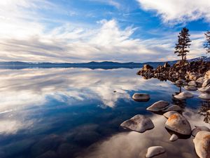 Preview wallpaper lake, stones, day, water, transparent, blue sky, reflection