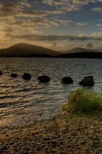 Preview wallpaper lake, stones, decline, evening, scotland