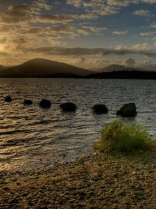 Preview wallpaper lake, stones, decline, evening, scotland