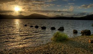 Preview wallpaper lake, stones, decline, evening, scotland