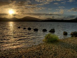 Preview wallpaper lake, stones, decline, evening, scotland