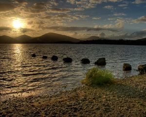 Preview wallpaper lake, stones, decline, evening, scotland