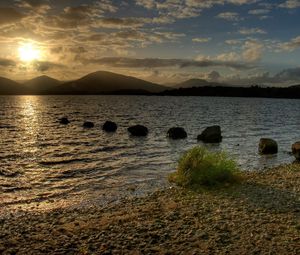 Preview wallpaper lake, stones, decline, evening, scotland