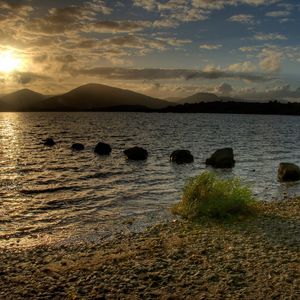 Preview wallpaper lake, stones, decline, evening, scotland