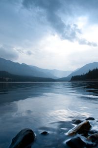 Preview wallpaper lake, stones, hills, distance