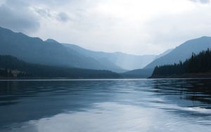 Preview wallpaper lake, stones, hills, distance