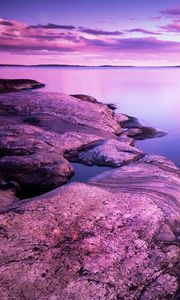 Preview wallpaper lake, stones, landscape, shore, clouds, purple