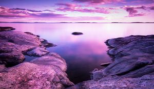 Preview wallpaper lake, stones, landscape, shore, clouds, purple