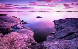 Preview wallpaper lake, stones, landscape, shore, clouds, purple