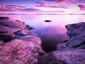 Preview wallpaper lake, stones, landscape, shore, clouds, purple