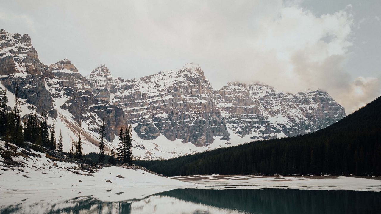 Wallpaper lake, stones, mountains, snow, snowy