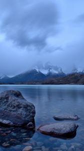 Preview wallpaper lake, stones, mountains, snowy, pebbles