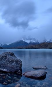 Preview wallpaper lake, stones, mountains, snowy, pebbles