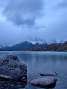 Preview wallpaper lake, stones, mountains, snowy, pebbles