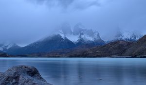 Preview wallpaper lake, stones, mountains, snowy, pebbles