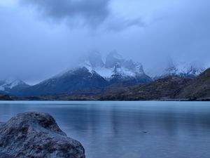 Preview wallpaper lake, stones, mountains, snowy, pebbles