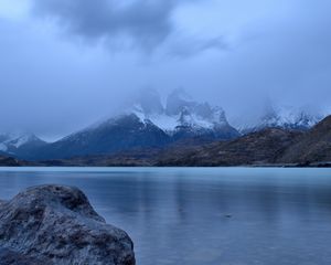 Preview wallpaper lake, stones, mountains, snowy, pebbles