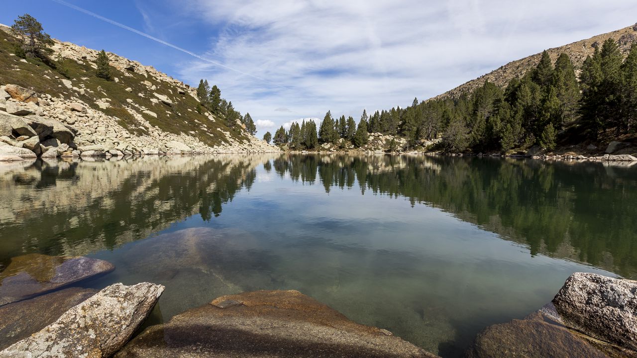 Wallpaper lake, stones, mountains, trees, landscape