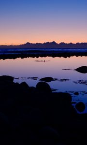 Preview wallpaper lake, stones, reflection, twilight, dark