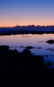 Preview wallpaper lake, stones, reflection, twilight, dark
