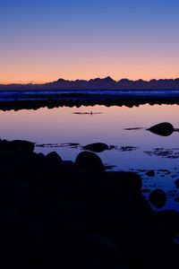 Preview wallpaper lake, stones, reflection, twilight, dark