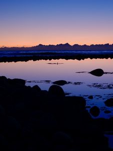 Preview wallpaper lake, stones, reflection, twilight, dark