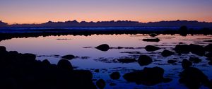 Preview wallpaper lake, stones, reflection, twilight, dark
