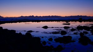 Preview wallpaper lake, stones, reflection, twilight, dark