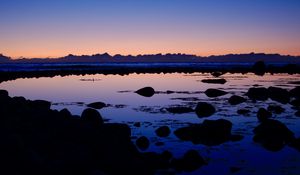 Preview wallpaper lake, stones, reflection, twilight, dark