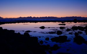 Preview wallpaper lake, stones, reflection, twilight, dark