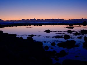 Preview wallpaper lake, stones, reflection, twilight, dark