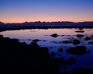 Preview wallpaper lake, stones, reflection, twilight, dark