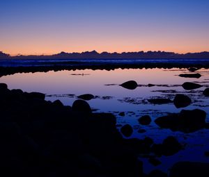 Preview wallpaper lake, stones, reflection, twilight, dark
