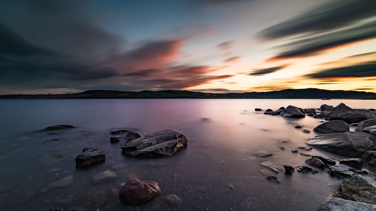 Wallpaper lake, stones, rocks, water, sunset, landscape