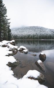 Preview wallpaper lake, stones, snow, forest, winter, landscape