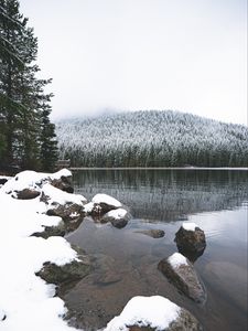 Preview wallpaper lake, stones, snow, forest, winter, landscape