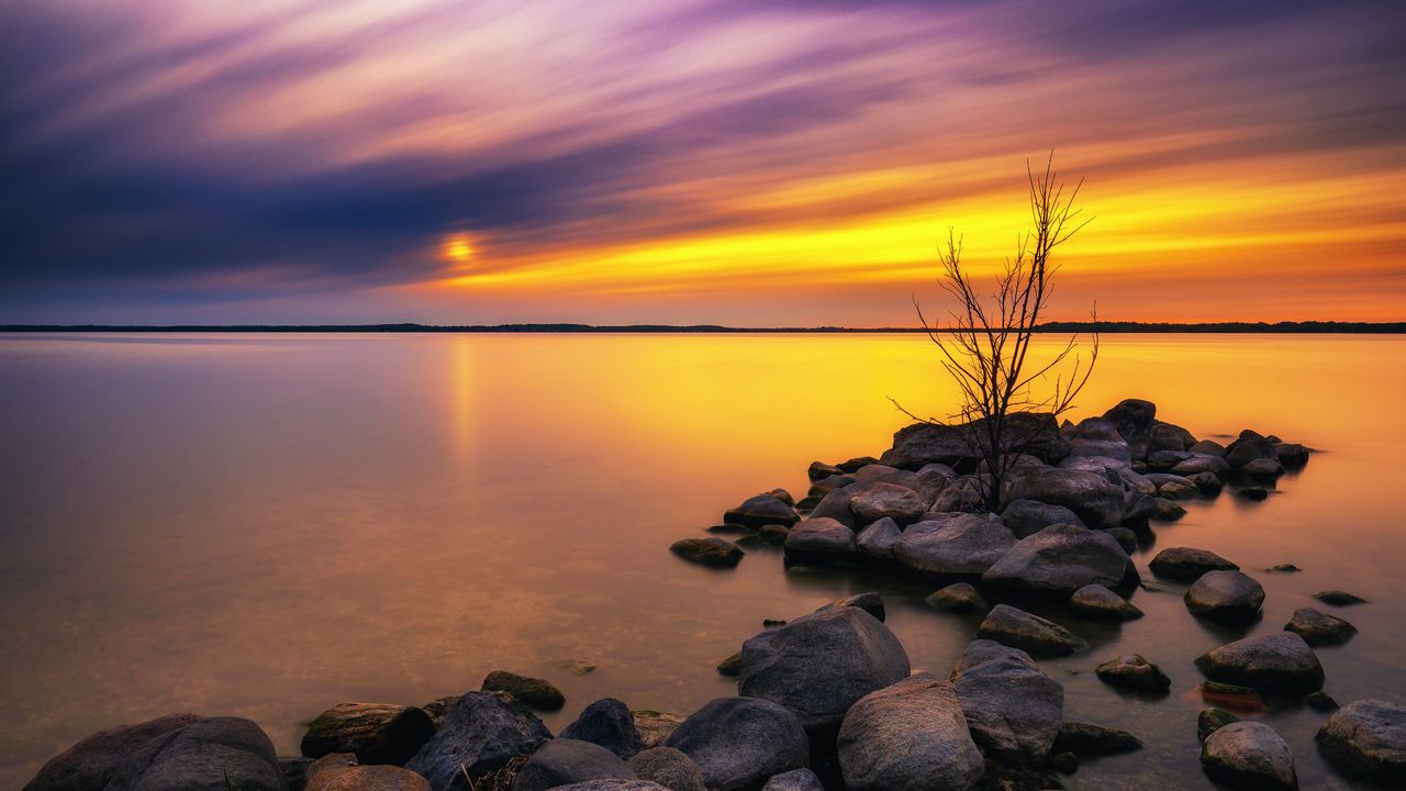 Wallpaper Lake Stones Sunset Water Reflection Tree Hd Picture Image