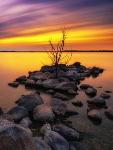 Preview wallpaper lake, stones, sunset, water, reflection, tree