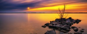 Preview wallpaper lake, stones, sunset, water, reflection, tree