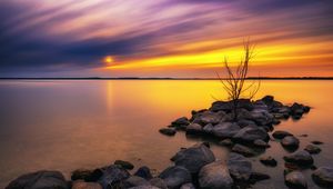 Preview wallpaper lake, stones, sunset, water, reflection, tree