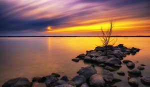 Preview wallpaper lake, stones, sunset, water, reflection, tree