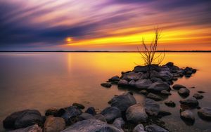 Preview wallpaper lake, stones, sunset, water, reflection, tree